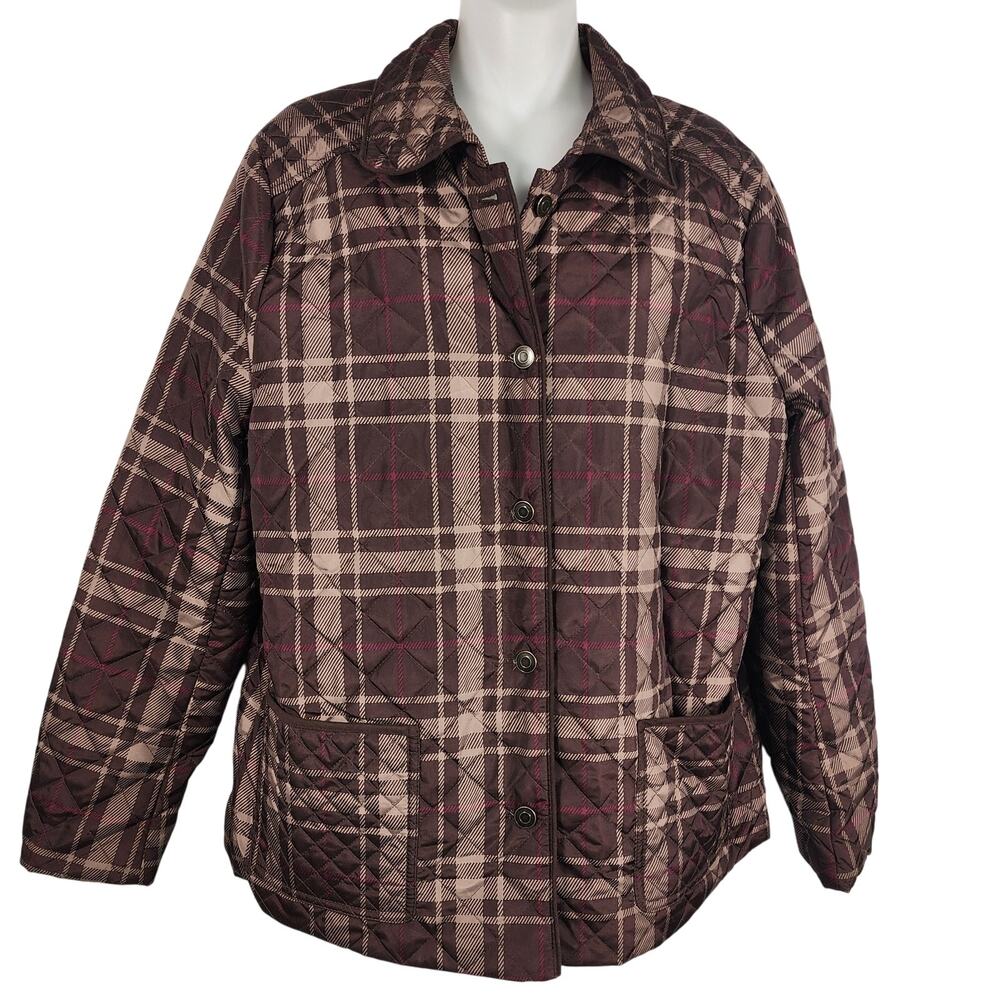 Studio Works Womens Jacket Large Brown Plaid Quilted Puffer Button Lightweight